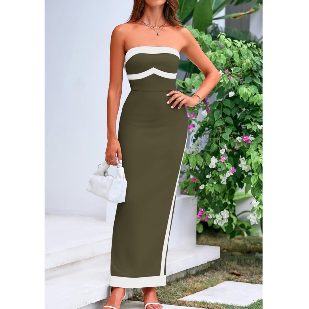Elegant Olive Green Strapless Dress Size Small NWT